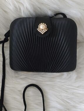 Black Satin Pleated Pearl-Rhinestone Embellished Evening Mini Crossbody Bag